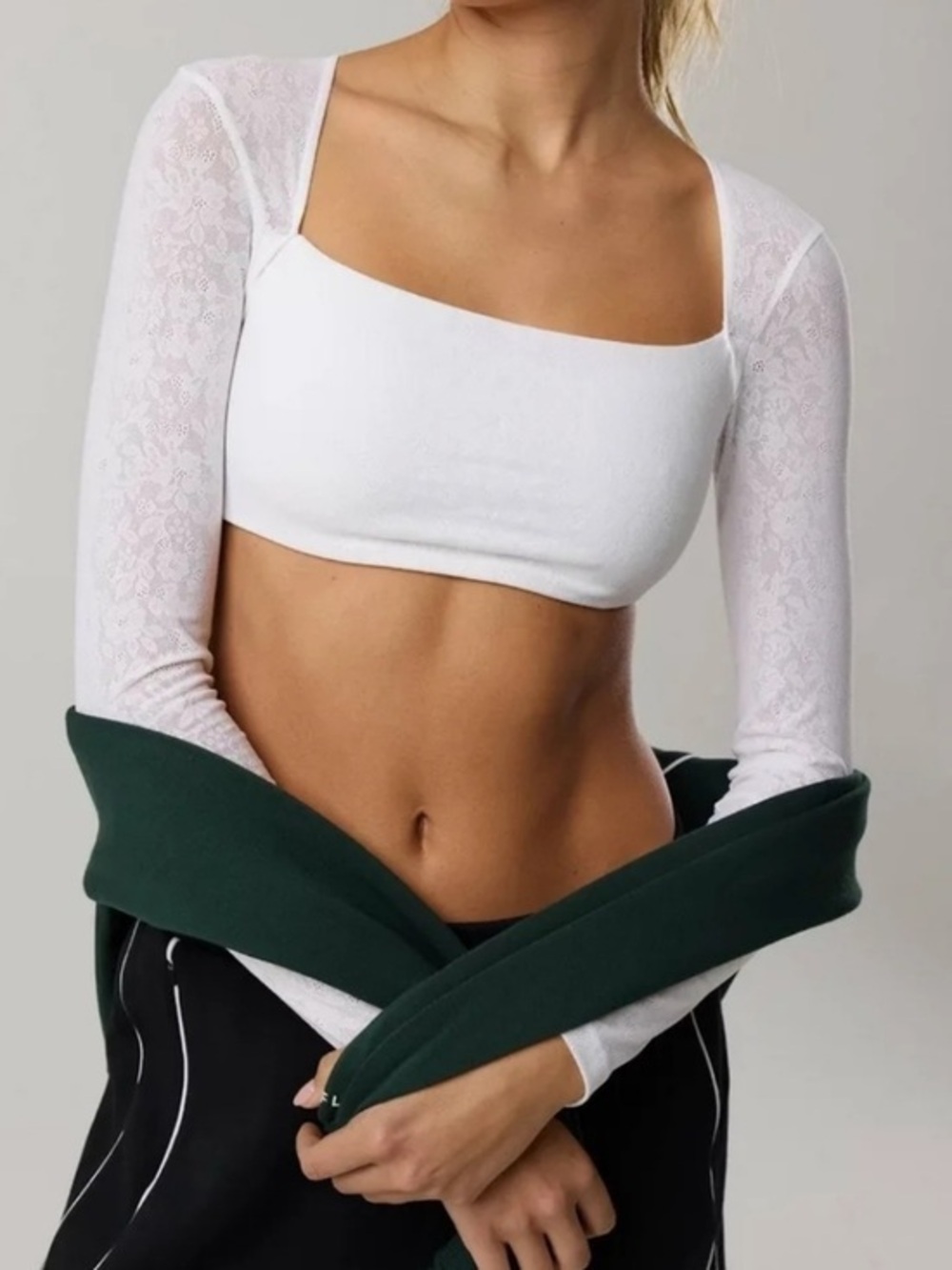 NWOT Aerie Offline White Lace-Sleeve Square Neck Crop Top